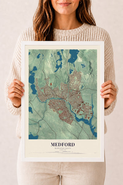 Medford, Massachusetts map print - 12 x 18 white Ayous wood frame