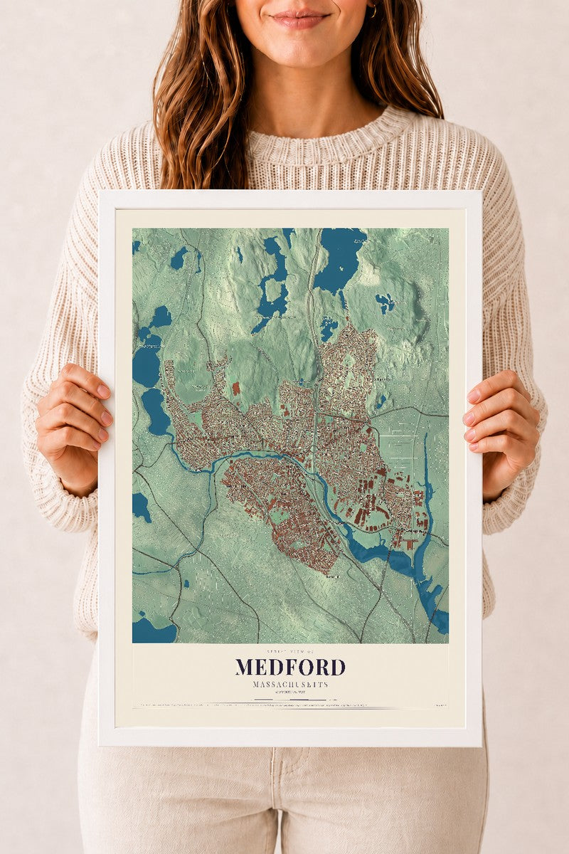 Medford, Massachusetts map print - 12 x 18 white Ayous wood frame