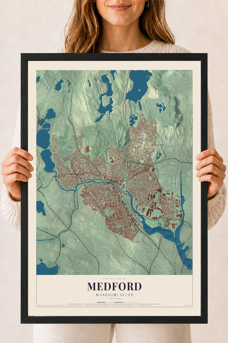 Medford, Massachusetts map print - 18 x 24 black Ayous wood frame
