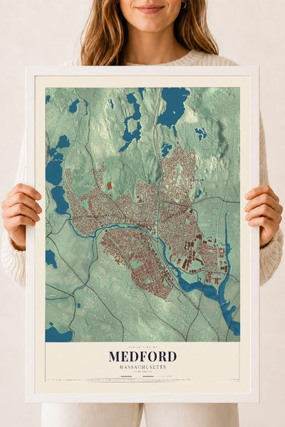 Medford, Massachusetts map print - 18 x 24 white Ayous wood frame