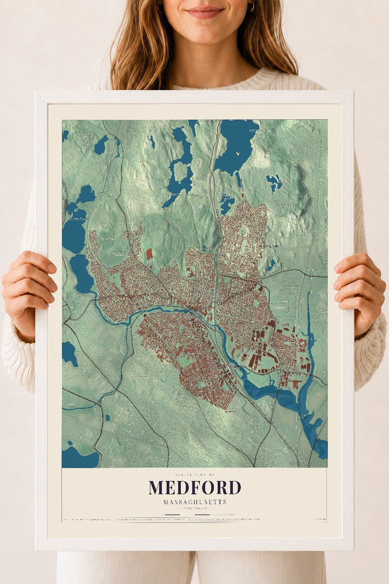 Medford, Massachusetts map print - 18 x 24 white Ayous wood frame