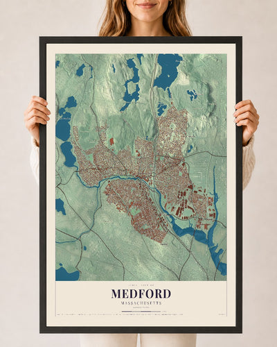 Medford, Massachusetts map print - 24 x 36 black Ayous wood frame