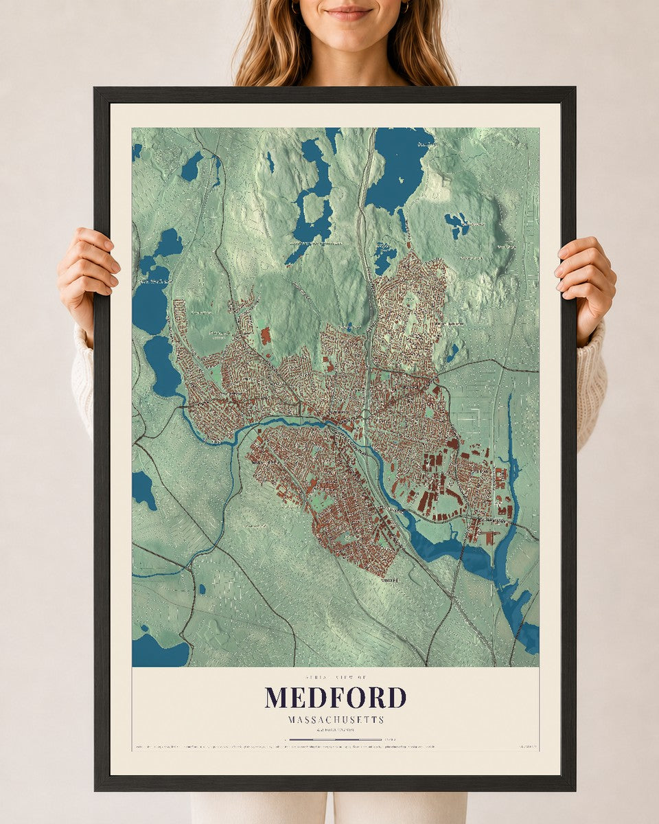 Medford, Massachusetts map print - 24 x 36 black Ayous wood frame