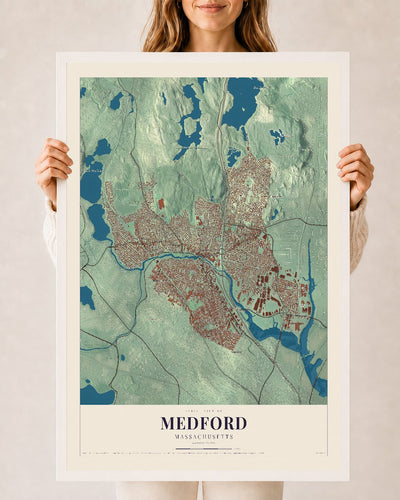 Medford, Massachusetts map print - 24 x 36 white Ayous wood frame