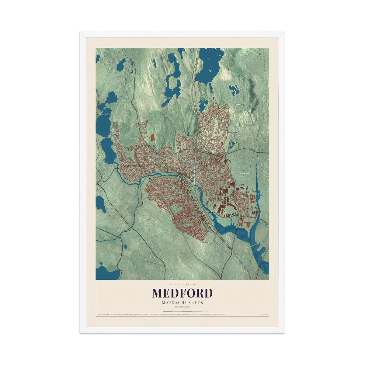 Map of Medford, Massachusetts, 12 x 18 inch print in a white wood frame