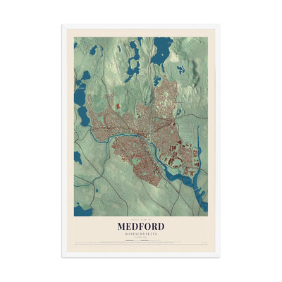 Map of Medford, Massachusetts, 12 x 18 inch print in a white wood frame
