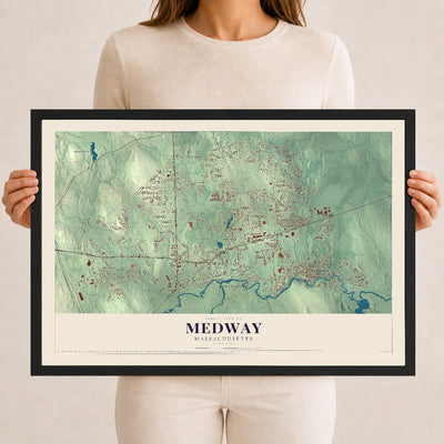 Medway, Massachusetts map print - 12 x 18 black Ayous wood frame