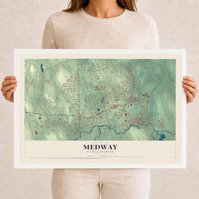 Medway, Massachusetts map print - 12 x 18 white Ayous wood frame