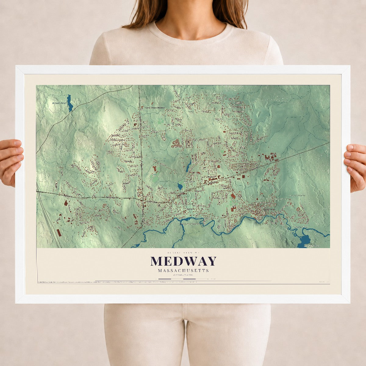 Medway, Massachusetts map print - 18 x 24 white Ayous wood frame