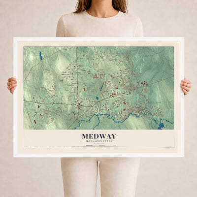 Medway, Massachusetts map print - 24 x 36 white Ayous wood frame