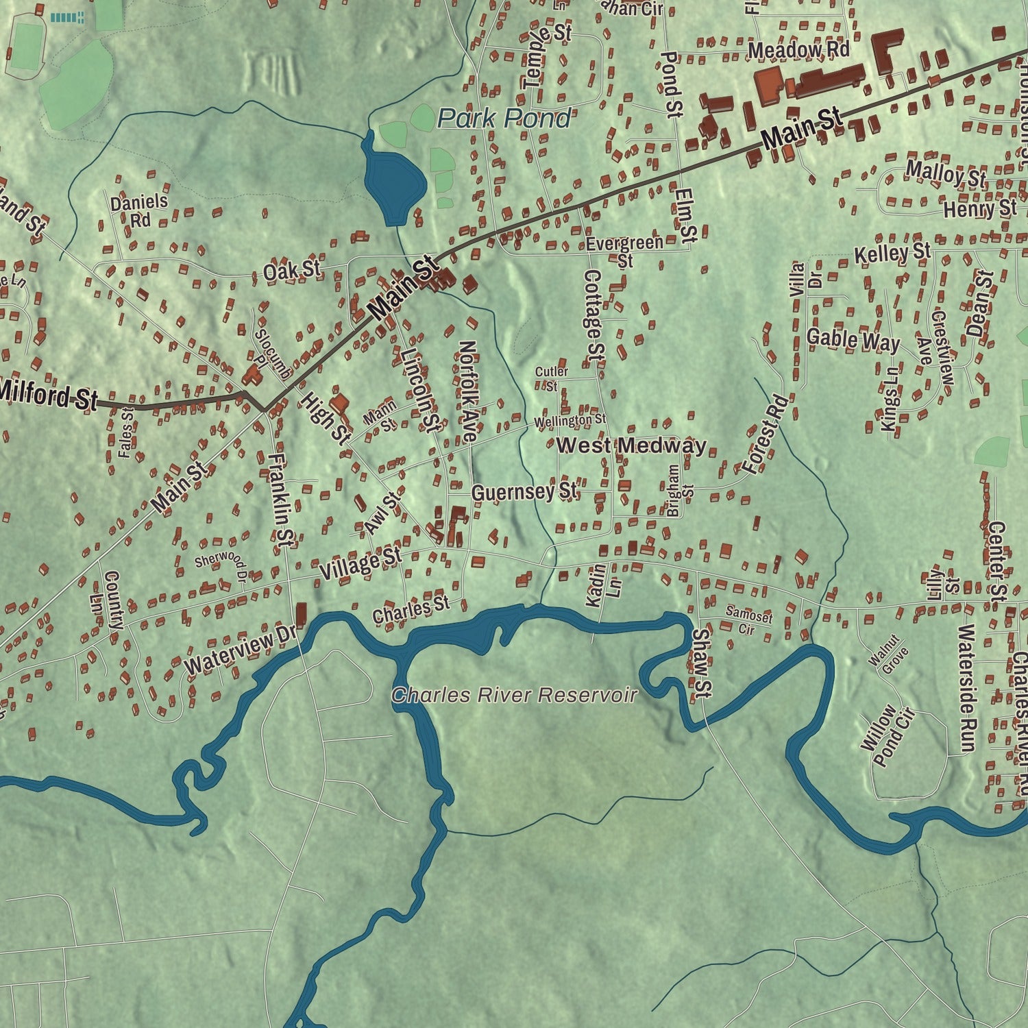 Terrain and local geography detail from the Medway, Massachusetts map