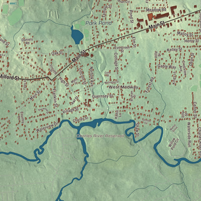 Terrain and local geography detail from the Medway, Massachusetts map