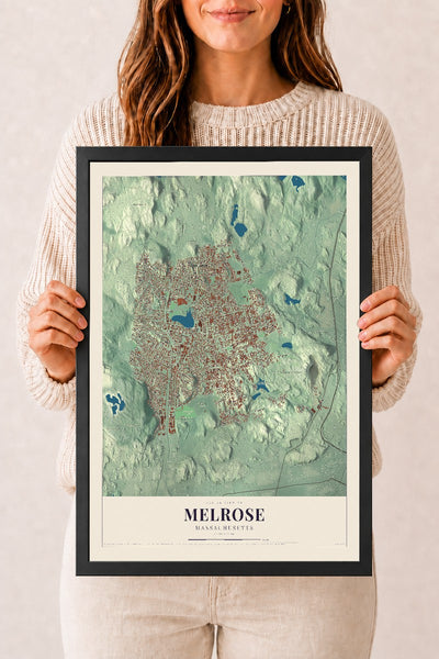 Melrose, Massachusetts map print - 12 x 18 black Ayous wood frame