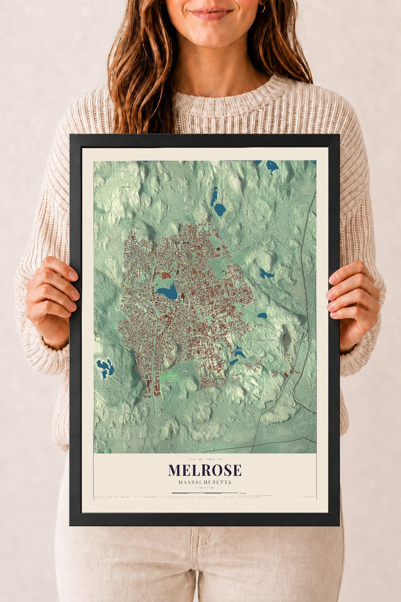 Melrose, Massachusetts map print - 12 x 18 black Ayous wood frame
