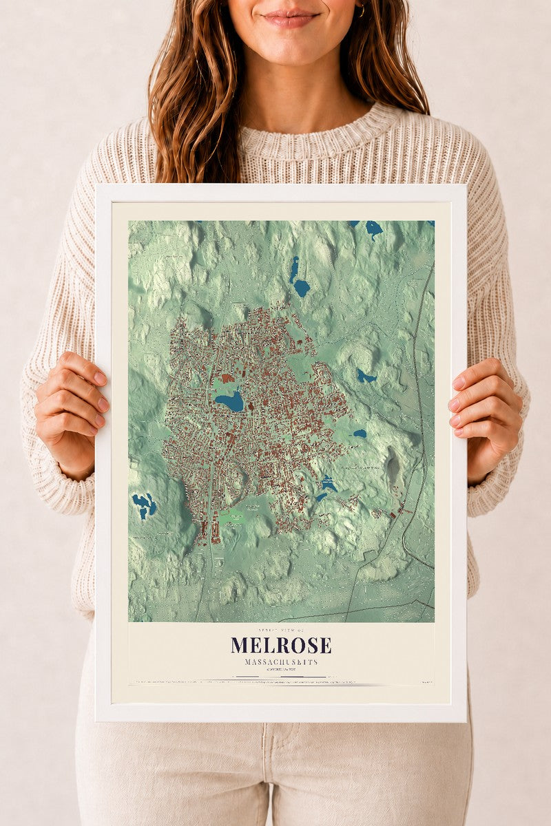 Melrose, Massachusetts map print - 12 x 18 white Ayous wood frame