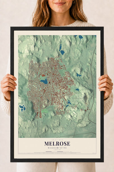 Melrose, Massachusetts map print - 18 x 24 black Ayous wood frame