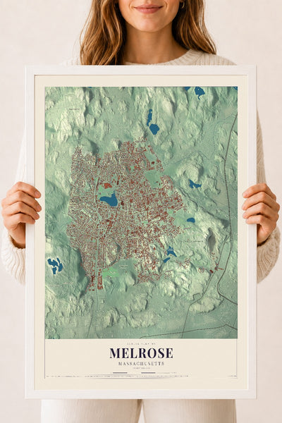 Melrose, Massachusetts map print - 18 x 24 white Ayous wood frame