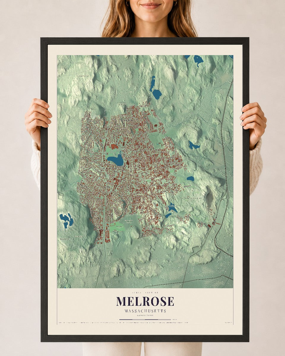 Melrose, Massachusetts map print - 24 x 36 black Ayous wood frame