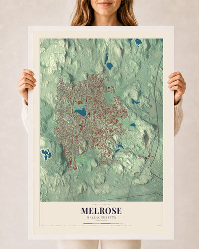 Melrose, Massachusetts map print - 24 x 36 white Ayous wood frame
