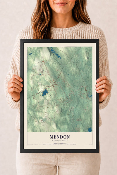 Mendon, Massachusetts map print - 12 x 18 black Ayous wood frame