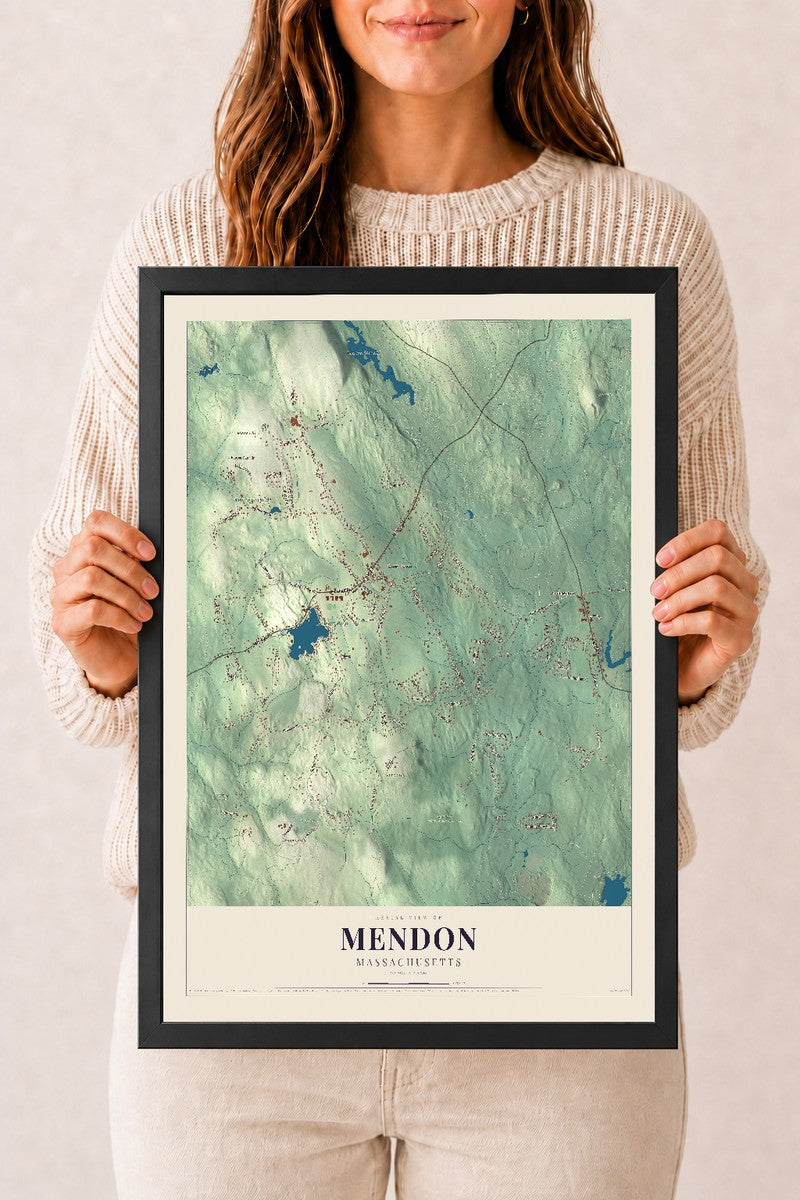 Mendon, Massachusetts map print - 12 x 18 black Ayous wood frame