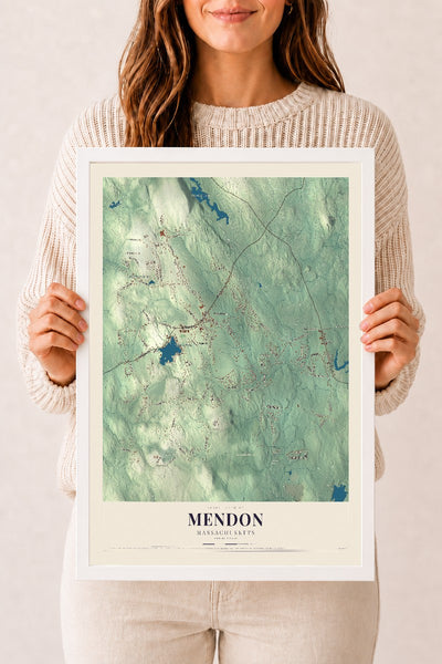 Mendon, Massachusetts map print - 12 x 18 white Ayous wood frame