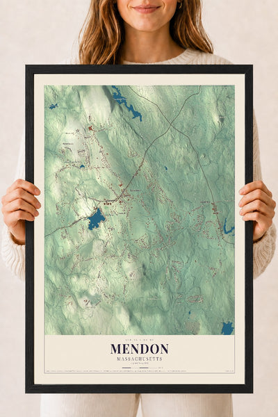 Mendon, Massachusetts map print - 18 x 24 black Ayous wood frame