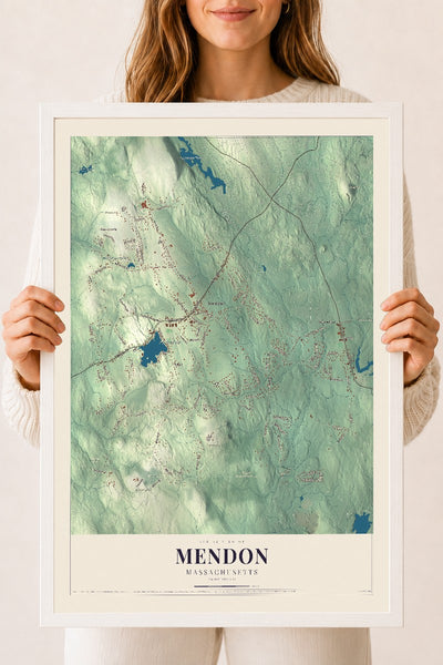 Mendon, Massachusetts map print - 18 x 24 white Ayous wood frame