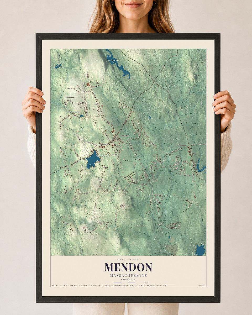 Mendon, Massachusetts map print - 24 x 36 black Ayous wood frame