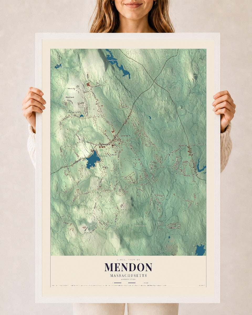Mendon, Massachusetts map print - 24 x 36 white Ayous wood frame