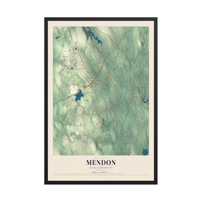 Map of Mendon, Massachusetts, 12 x 18 inch print in a black wood frame