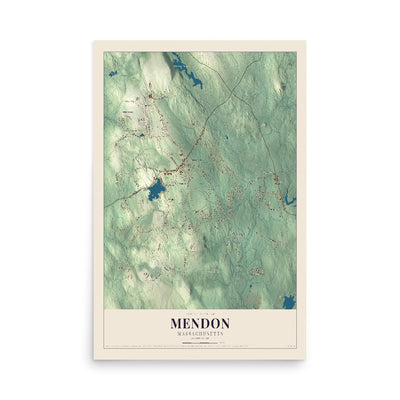 Map of Mendon, Massachusetts, 12 x 18 inch unframed archival matte print