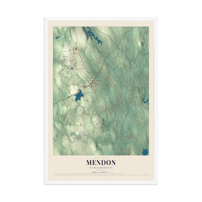 Map of Mendon, Massachusetts, 12 x 18 inch print in a white wood frame