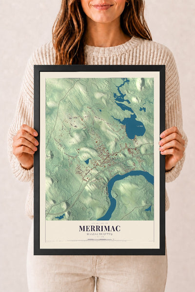 Merrimac, Massachusetts map print - 12 x 18 black Ayous wood frame
