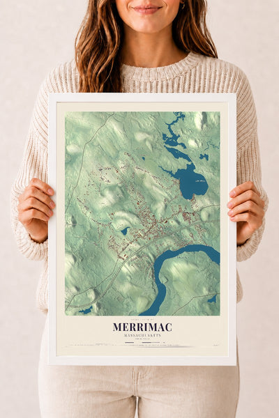 Merrimac, Massachusetts map print - 12 x 18 white Ayous wood frame