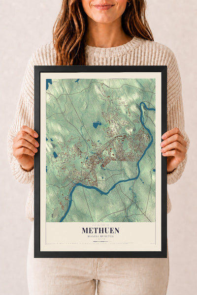 Methuen, Massachusetts map print - 12 x 18 black Ayous wood frame