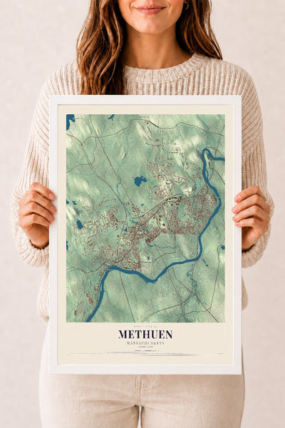 Methuen, Massachusetts map print - 12 x 18 white Ayous wood frame