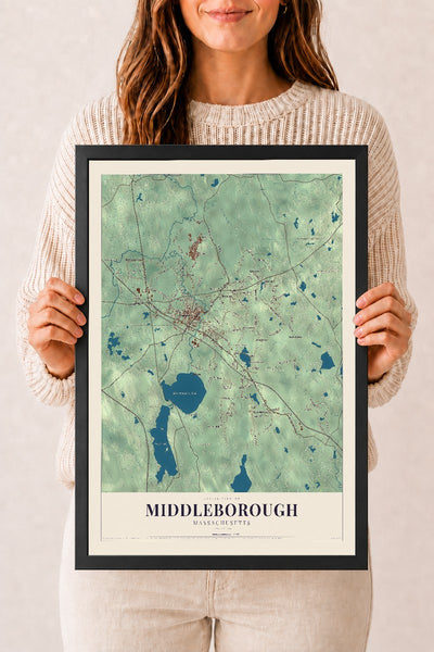 Middleborough, Massachusetts map print - 12 x 18 black Ayous wood frame