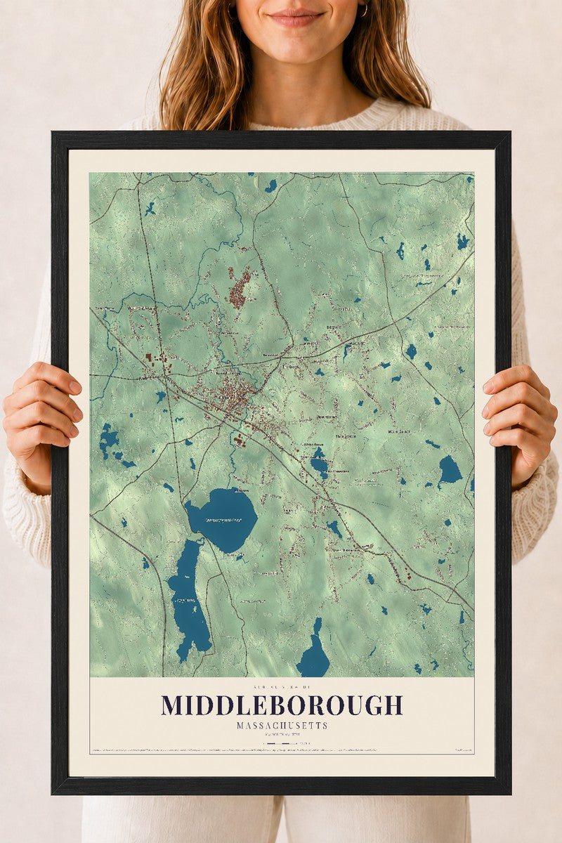Middleborough, Massachusetts map print - 18 x 24 black Ayous wood frame