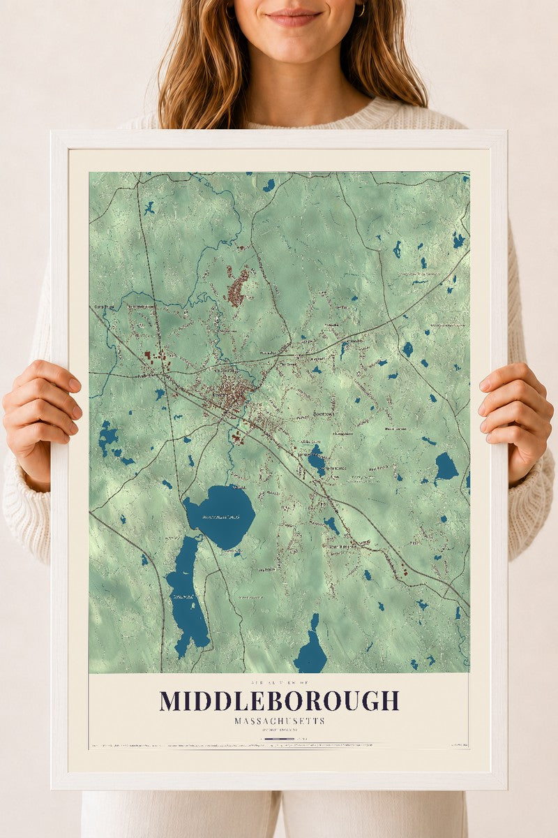 Middleborough, Massachusetts map print - 18 x 24 white Ayous wood frame