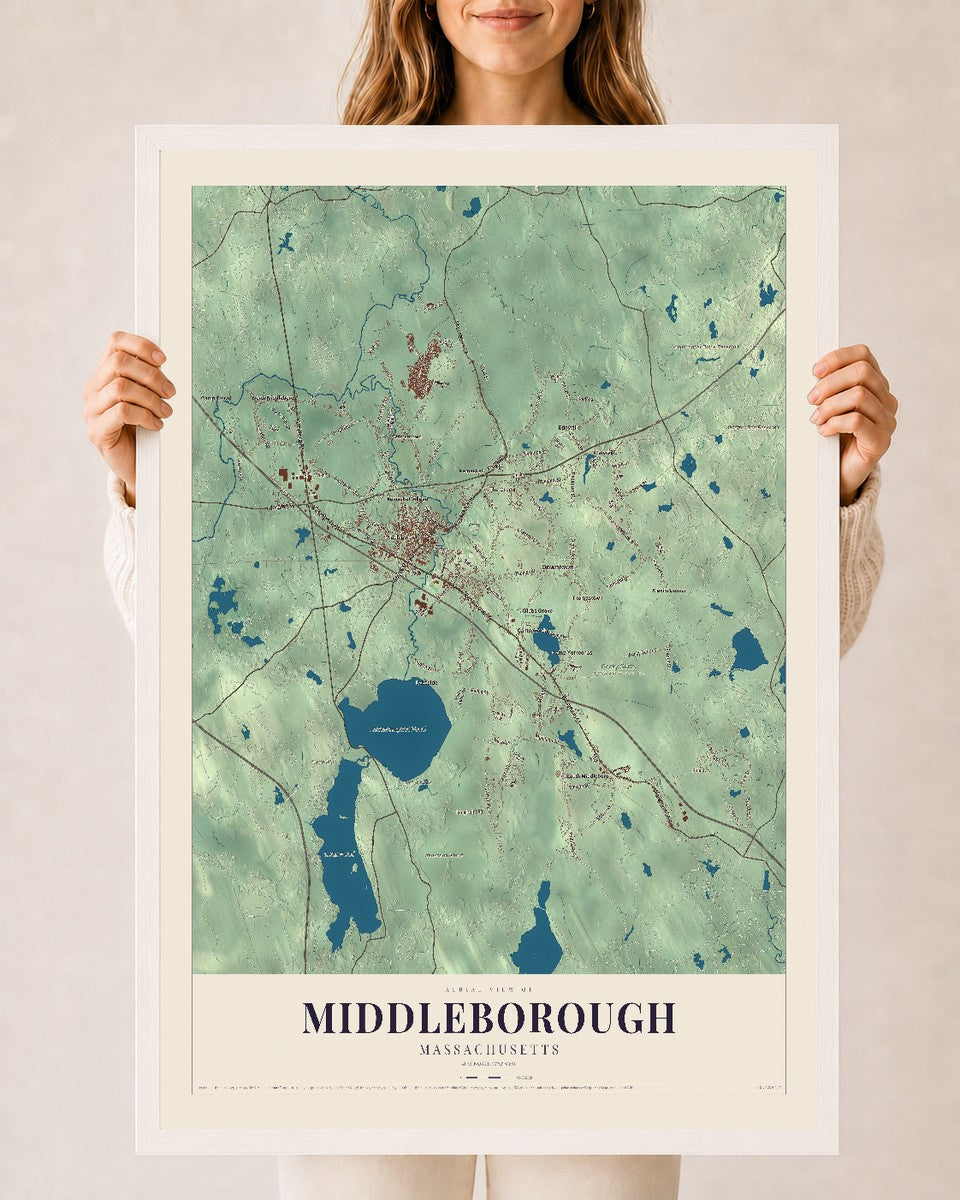 Middleborough, Massachusetts map print - 24 x 36 white Ayous wood frame