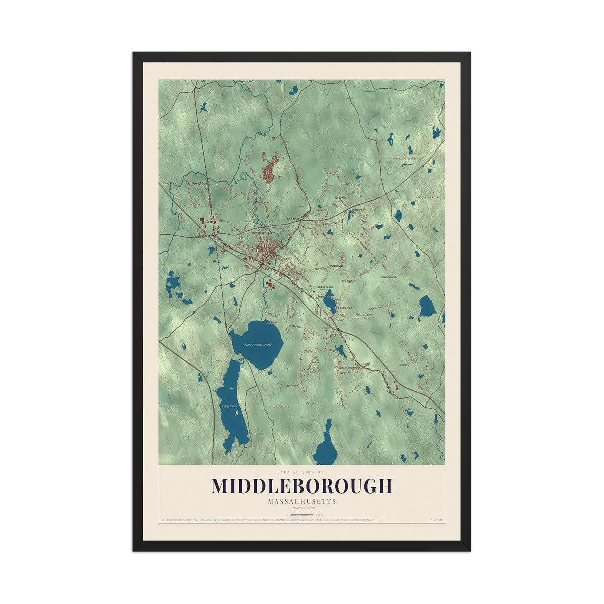 Map of Middleborough, Massachusetts, 12 x 18 inch print in a black wood frame