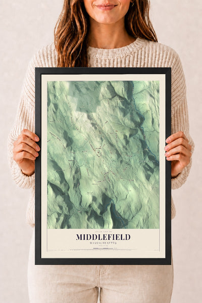 Middlefield, Massachusetts map print - 12 x 18 black Ayous wood frame