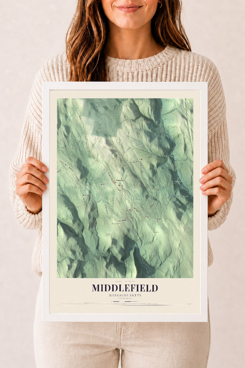 Middlefield, Massachusetts map print - 12 x 18 white Ayous wood frame