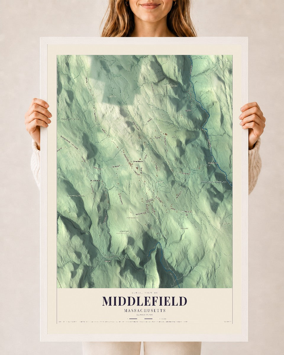 Middlefield, Massachusetts map print - 24 x 36 white Ayous wood frame