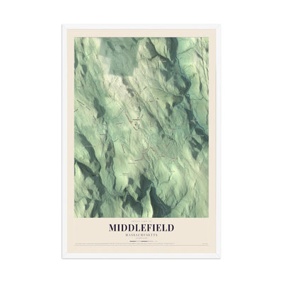 Map of Middlefield, Massachusetts, 12 x 18 inch print in a white wood frame