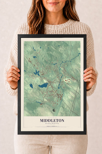 Middleton, Massachusetts map print - 12 x 18 black Ayous wood frame