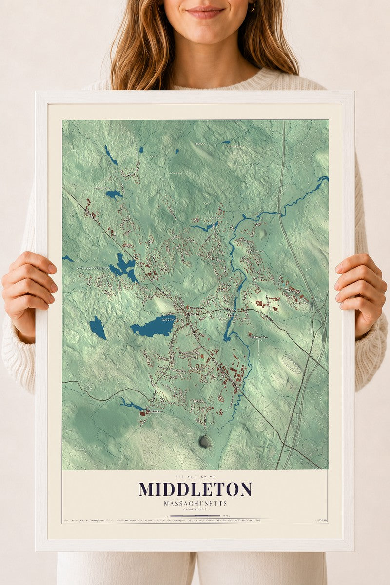 Middleton, Massachusetts map print - 18 x 24 white Ayous wood frame