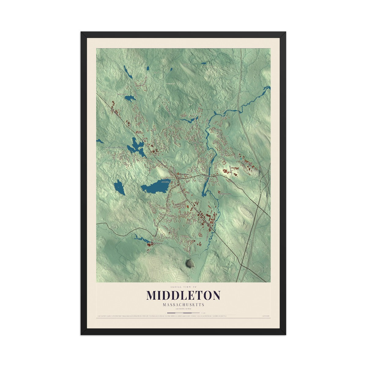 Map of Middleton, Massachusetts, 12 x 18 inch print in a black wood frame