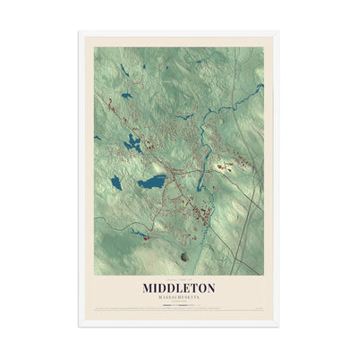 Map of Middleton, Massachusetts, 12 x 18 inch print in a white wood frame
